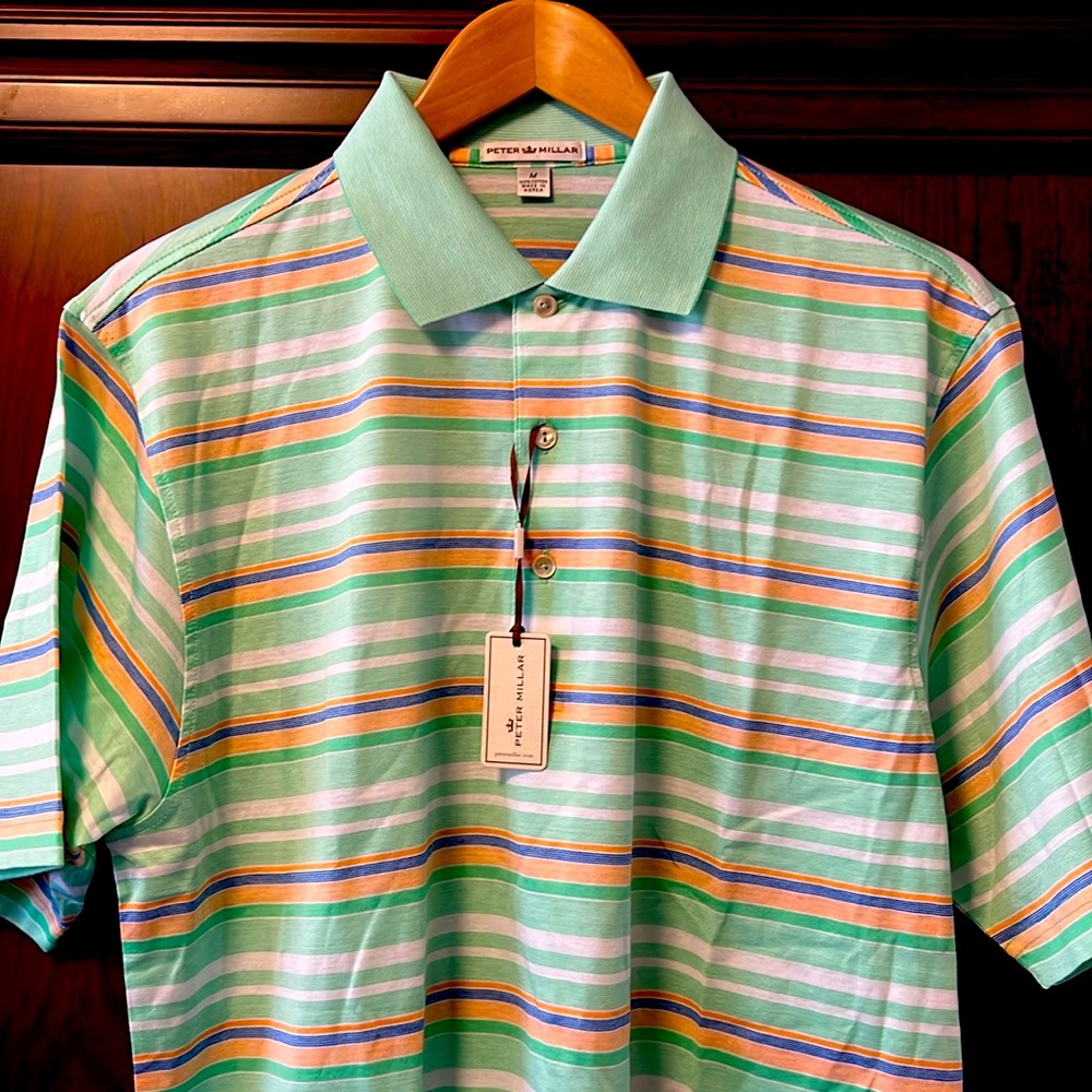 New Peter Millar Green, Blue & Orange Striped Performance Golf Polo 100% Cotton!